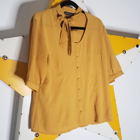 Voodoo Vixen mustard tie neck blouse - Picture 2 of 3